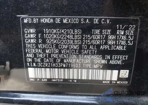 2023 Honda Hr-V 2Wd Lx z USA, uszkodzony, nr VIN 3CZRZ1H33PM719603